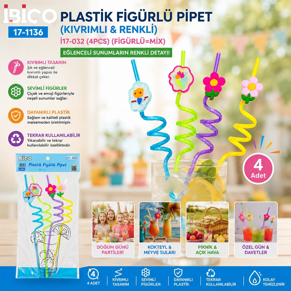 İBİCO İ17-032 ( 4PCS ) ( KIVRIMLI & RENKLİ PLASTİK ) PİPET ( FİGÜRLÜ=MİX )*240