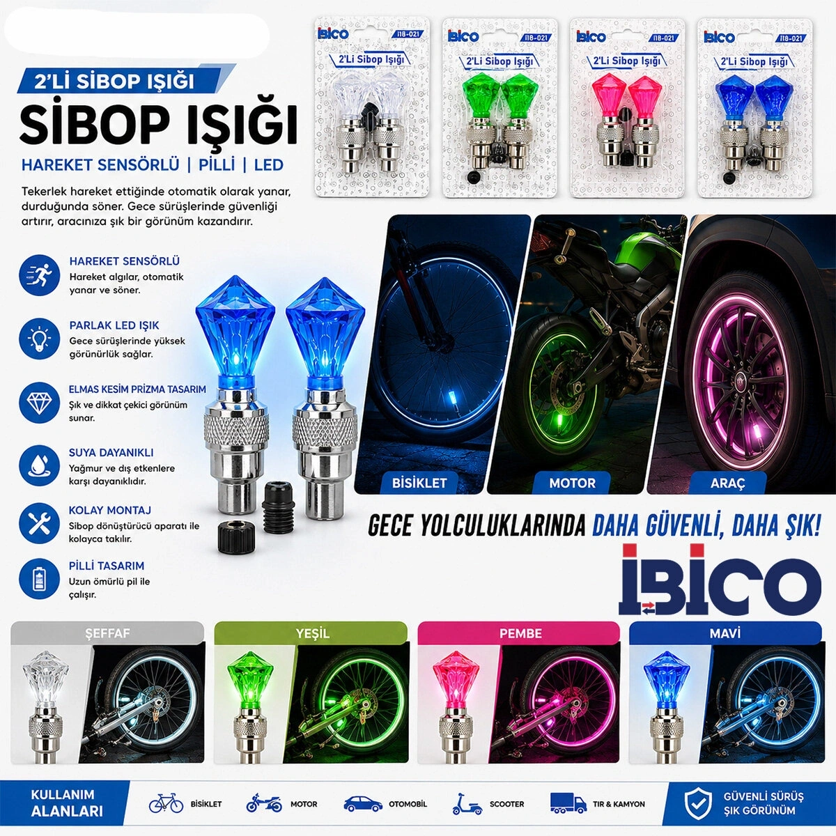 İBİCO İ18-021 ( 2PCS ) ( ELMAS KESİM PRİZMA MODEL & ŞEFFAF ) SİBOP IŞIK ( PİLLİ ) (BİSİKLET & MOTOR & ARAÇ)(HAREKET SENSÖRLÜ)*50X10