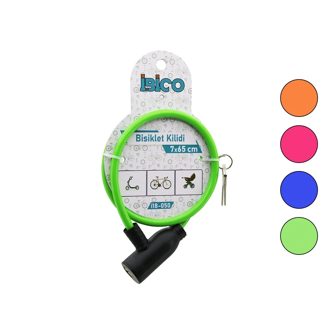 İBİCO İ18-050 ( ANAHTARLI ) ( EKO & İNCE ) ( PLASTİK KAFA ) BİSİKLET KİLİT ( ÇELİK TEL ) ( RENKLİ KILIF ) ( 7MMX65CM )*200