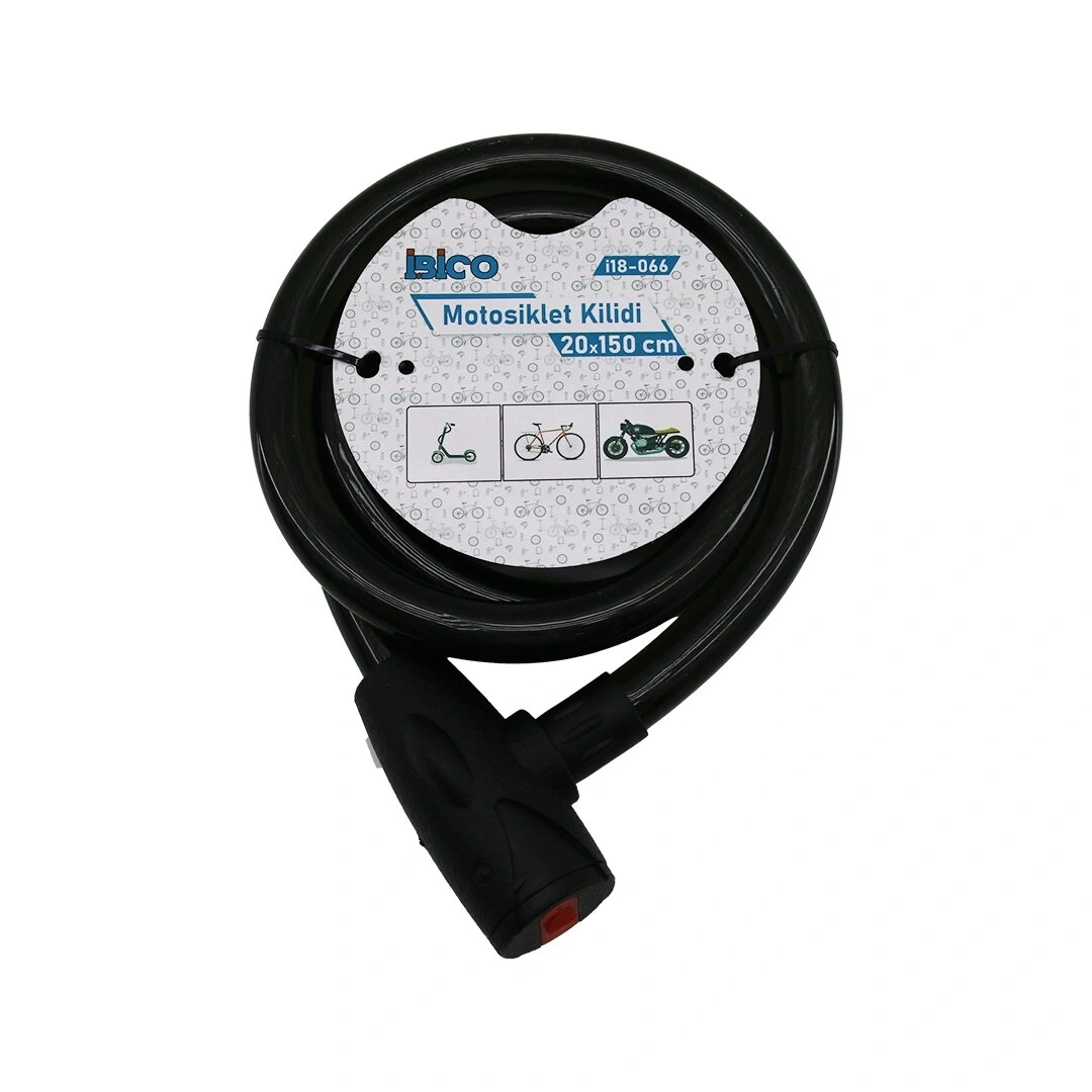 İBİCO İ18-066 ( ANAHTARLI ) ( AÇ-KAPA KİLİT KAPAKLI ) MOTOR & BİSİKLET KİLİT ( ÇELİK TEL ) ( SİYAH ŞEFFAF KILIF ) ( 20MMX150CM )*30