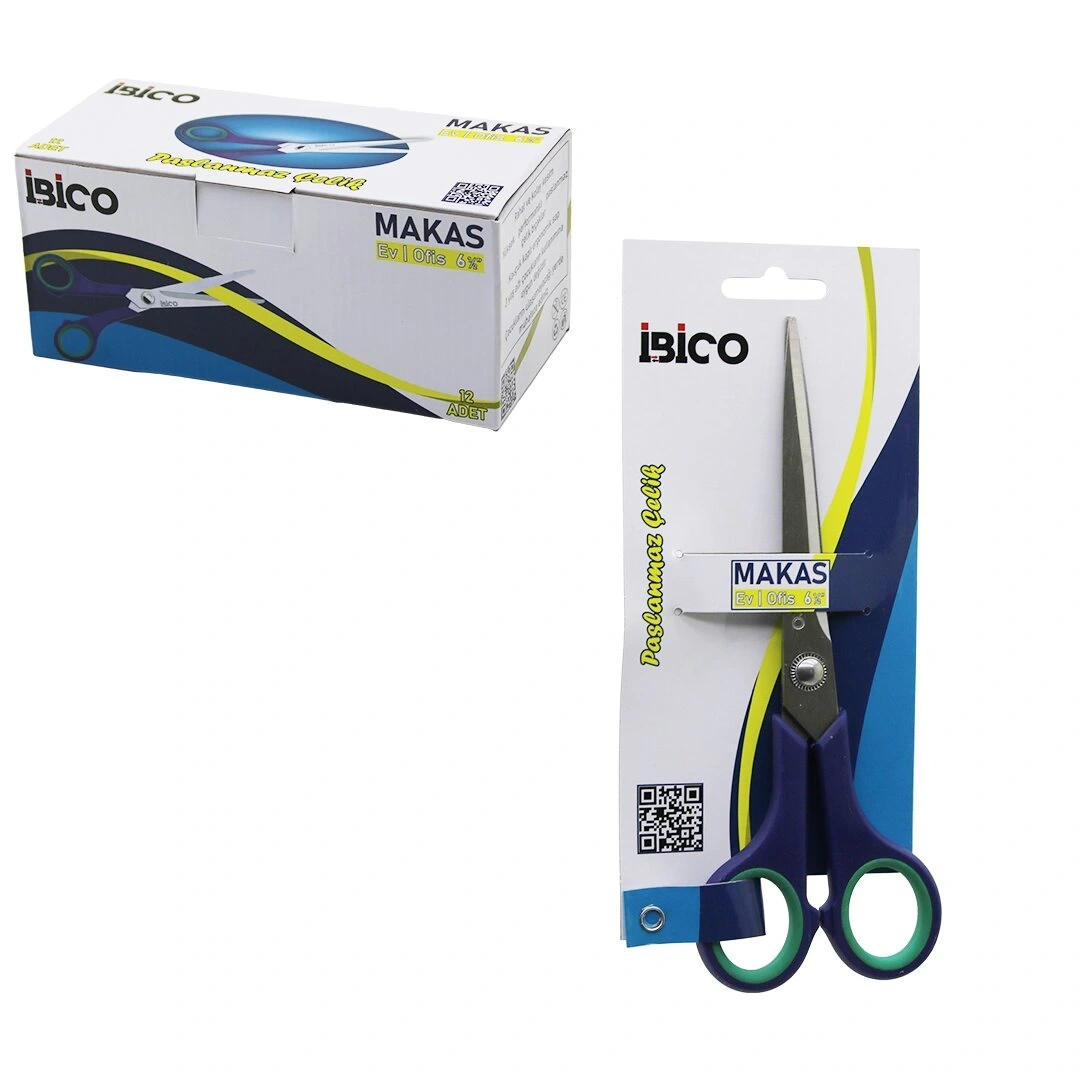 İBİCO İ20-015 İ120-015 ( 6 ½ & 17.5CM ) ( ORTA ) EV & OFİS MAKAS ( PASLANMAZ ÇELİK ) ( YEŞİL & LACİVERT KAUÇUK KAPLI ERGONOMİK SAP )*12X30