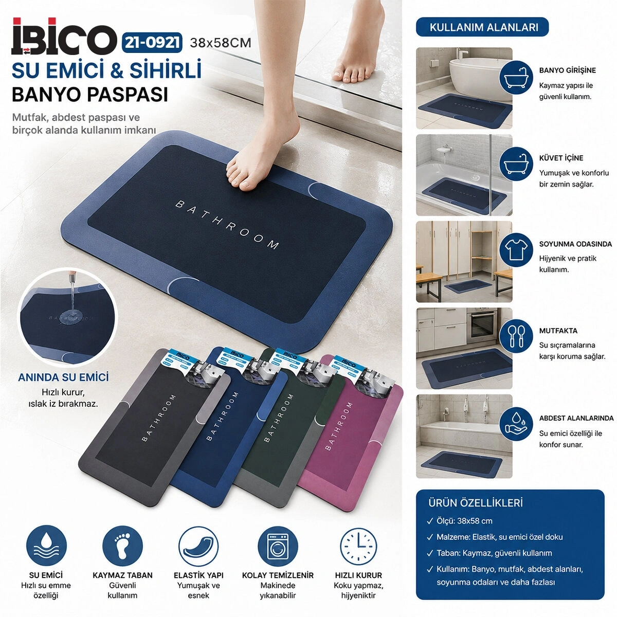 İBİCO İ21-006 ( DİKDÖRTGEN ) ( 38X58CM ) ( SU EMİCİ & SİHİRLİ ) BANYO PASPASI ( ELASTİK )*100