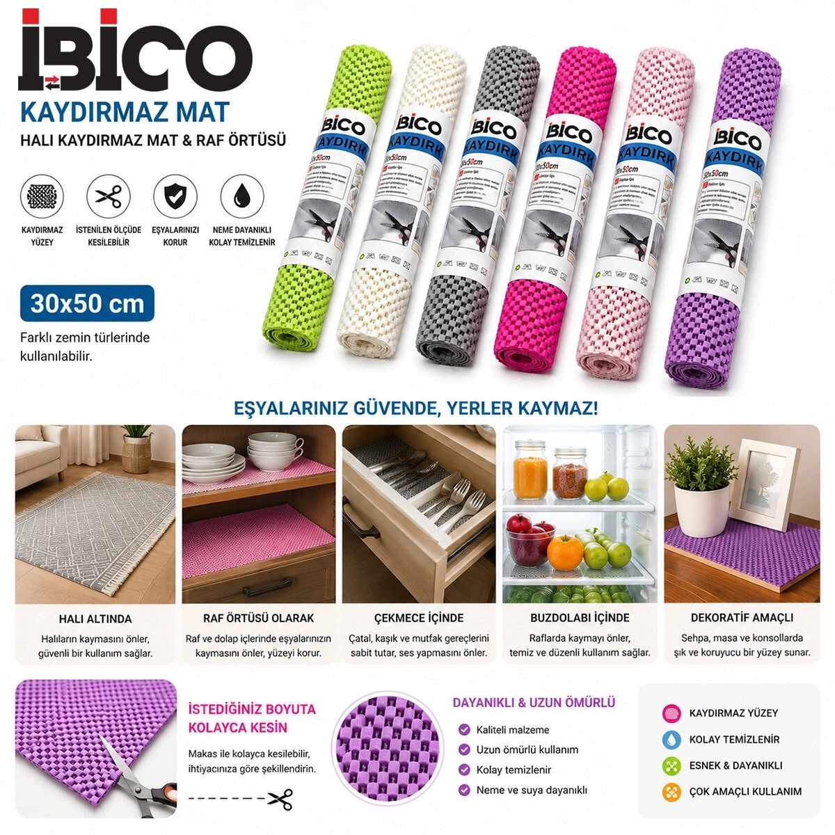 İBİCO İ21-009 ( 30X50CM ) HALI KAYDIRMAZ MAT & RAF ÖRTÜSÜ ( MİX RENKLİ )*12X20