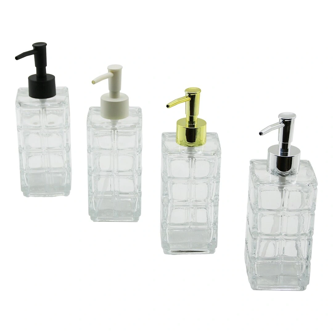 İBİCO İ21-041 ( ŞEFFAF CAM ) SIVI SABUNLUK ( 350ML ) ( KARE KESİK DESENLİ CAM ) ( MİX RENKLİ POMPA )*48=K