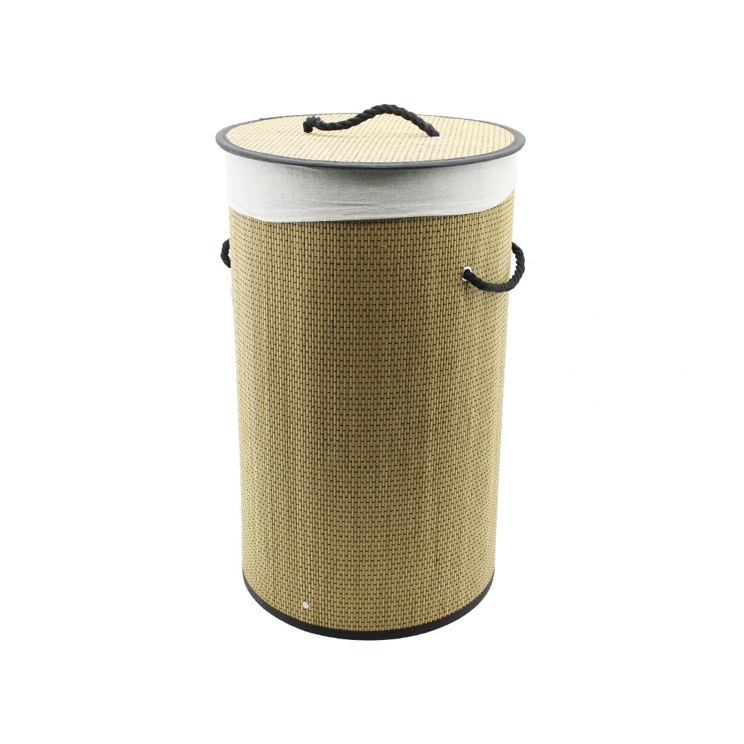 İBİCO İ21-078 (YUVARLAK) (SİYAH KENAR & DESEN) (37X60CM ) (HASIR & AHŞAP) KİRLİ ÇAMAŞIR SEPETİ (SEYYAR KAPAKLI) ( KUMAŞ ÇANTALI ) (İP KULPLU)*12