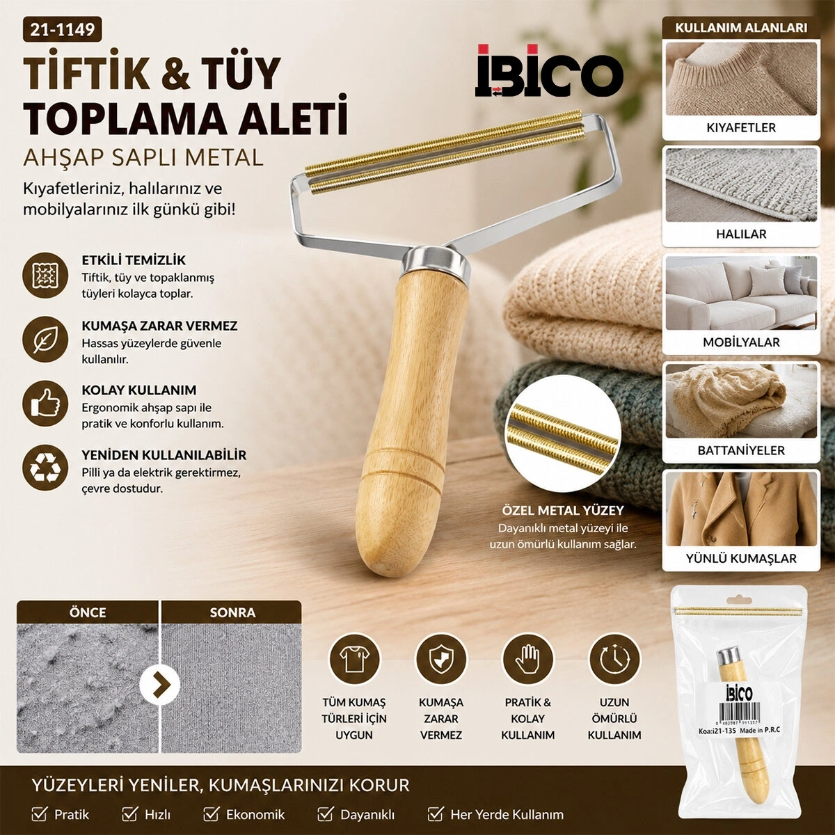 İBİCO İ21-135 AHŞAP SAPLI METAL TİFTİK TÜY TOPLAMA*500