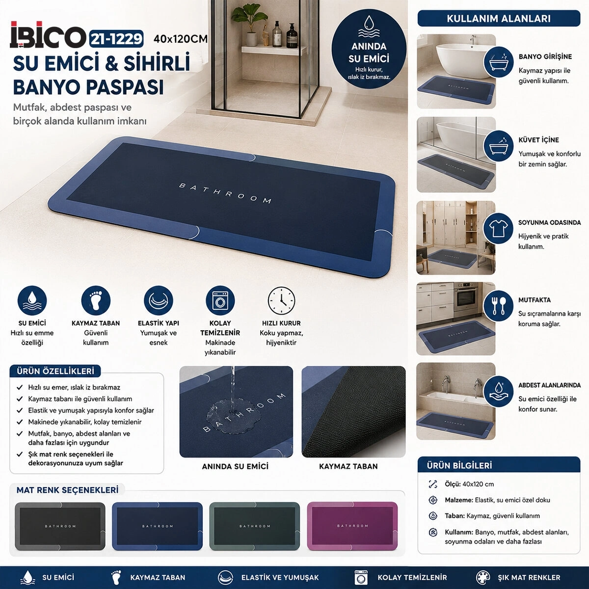 İBİCO İ21-158 ( DİKDÖRTGEN & MAT RENKLER ) ( 40X120CM ) ( SU EMİCİ & SİHİRLİ ) BANYO PASPASI ( ELASTİK )*60