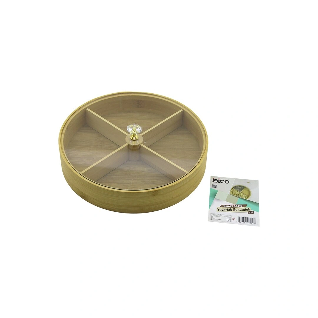 İBİCO İ22-262 ( YUVARLAK ) ( 4 BÖLMELİ ) (AHŞAP BAMBU) SERVİS SUNUMLUK (ÇOK AMAÇLI KUTU) ( ÇAP: 22CM=24.9CM & D: 5CM ) (MİKA PLS. KAPAK=KRİSTAL PLS.TUTACAK)*24