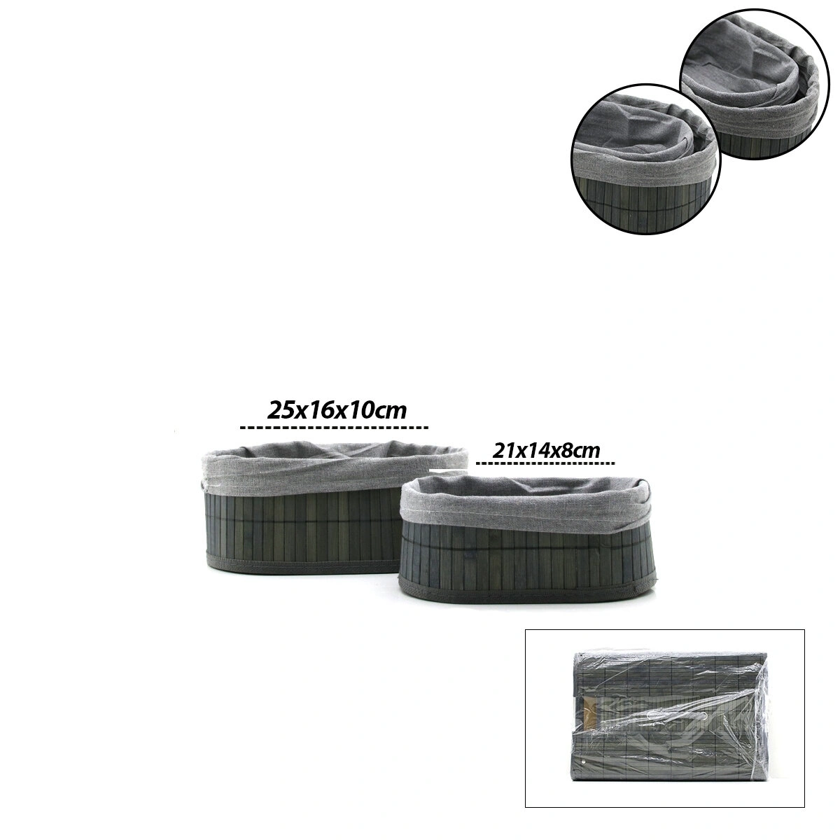 İBİCO İ22-331 ( GRİ ) ( 2 BOY ) ( OVAL ) ( BAMBU KENAR ) ORGANİZER SEPET ( AHŞAP ALTLIK & BEZLİ ) ( 21X14-25X16CM )*36
