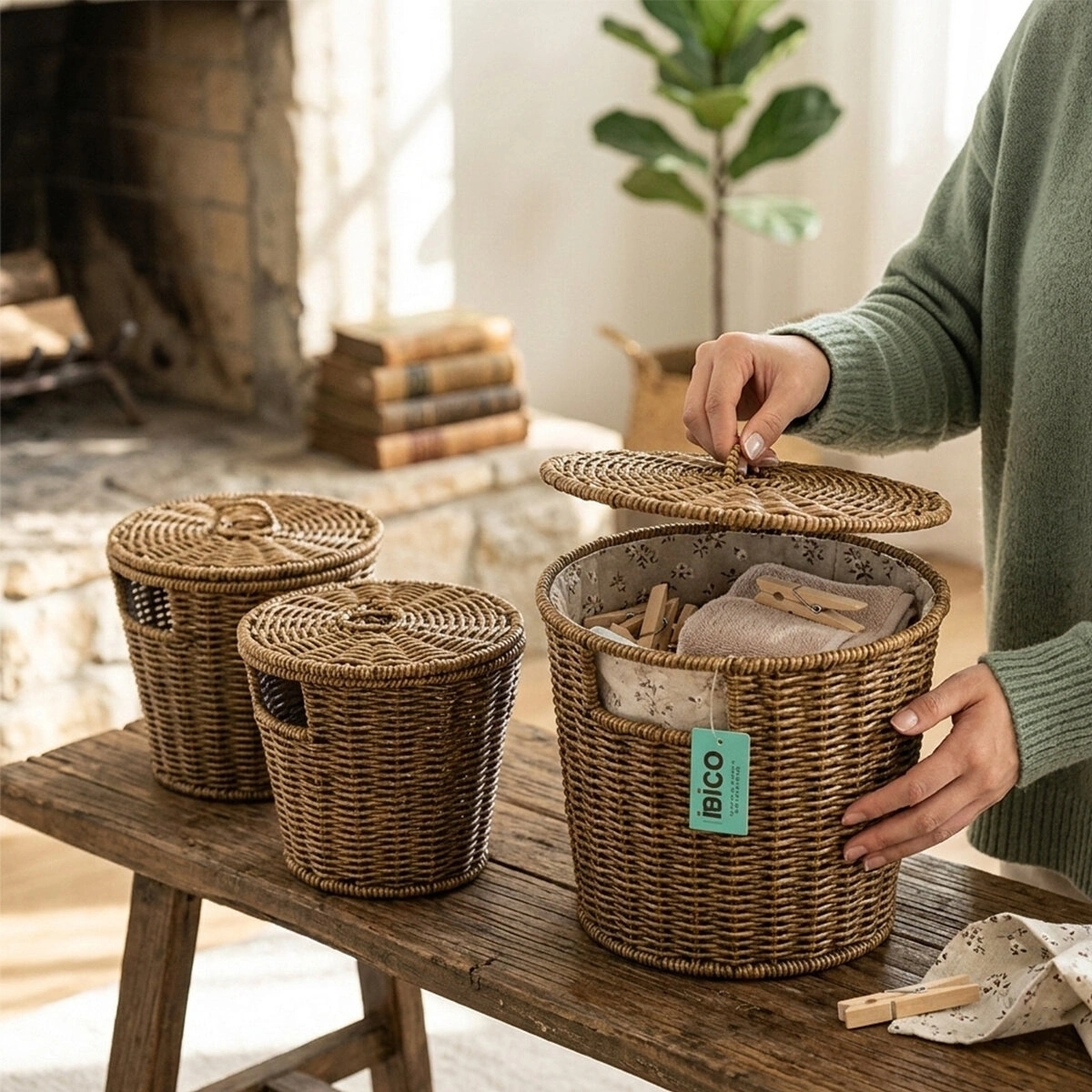 İBİCO İ22-337 ( 3PCS ) (YUVARLAK) (METAL İSKELE ) PLS.HASIR ORGANİZER SEPET ( KAPAKLI ) ( 22X22X18CM )*12=K