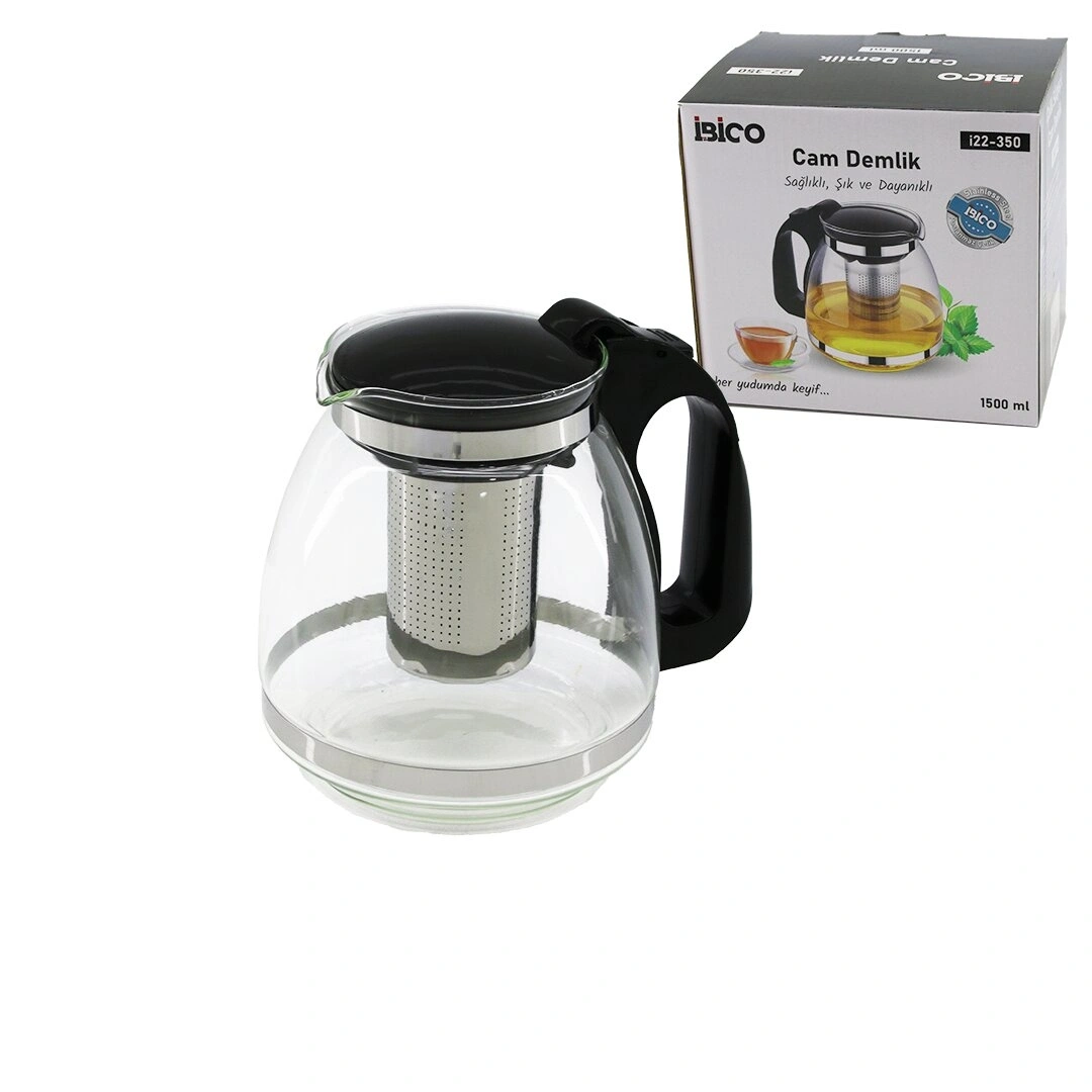 İBİCO İ22-350 ( 1500ML ) ( CAM ) DEMLİK ( ÇELİK SÜZGEÇLİ & PLASTİK KULP & KAPAK & KROM ÇERÇEVE )*48