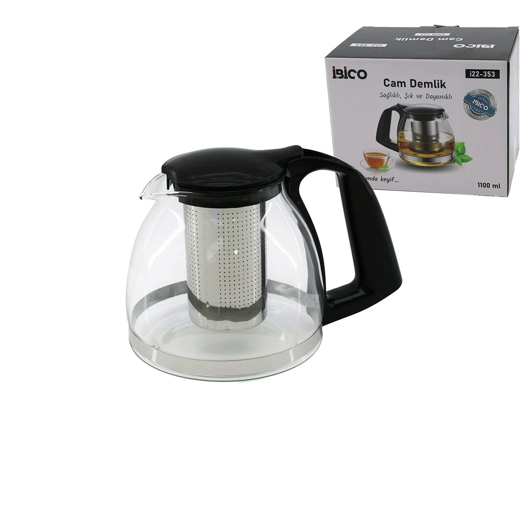 İBİCO İ22-353 ( 1100ML ) ( CAM ) DEMLİK ( ÇELİK SÜZGEÇLİ & PLASTİK KULP & KAPAK & KROM ÇERÇEVE )*48