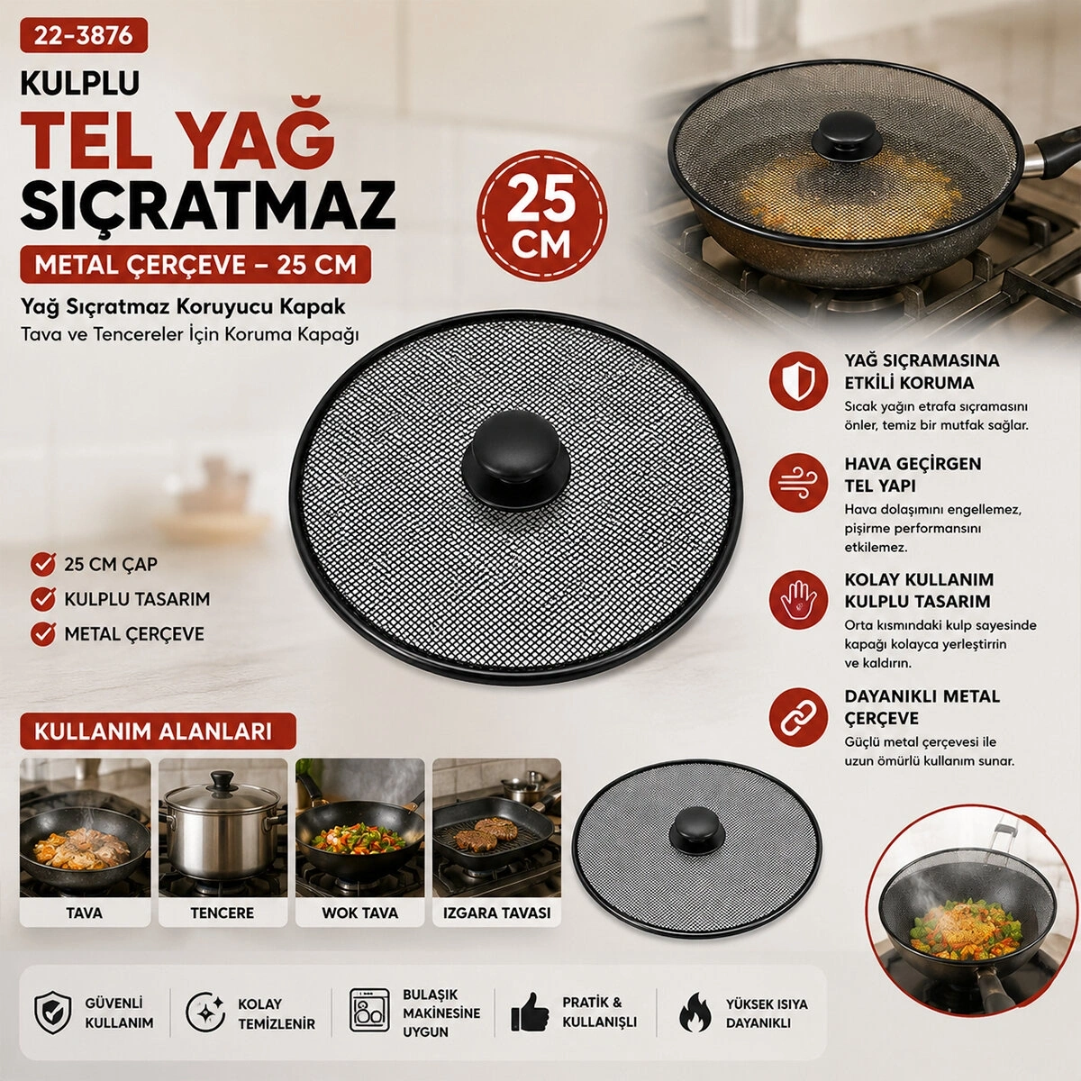 İBİCO İ22-418 ( KULPLU ) ( 25CM ) TEL YAĞ SIÇRATMAZ ( METAL ÇERÇEVE )*12X12