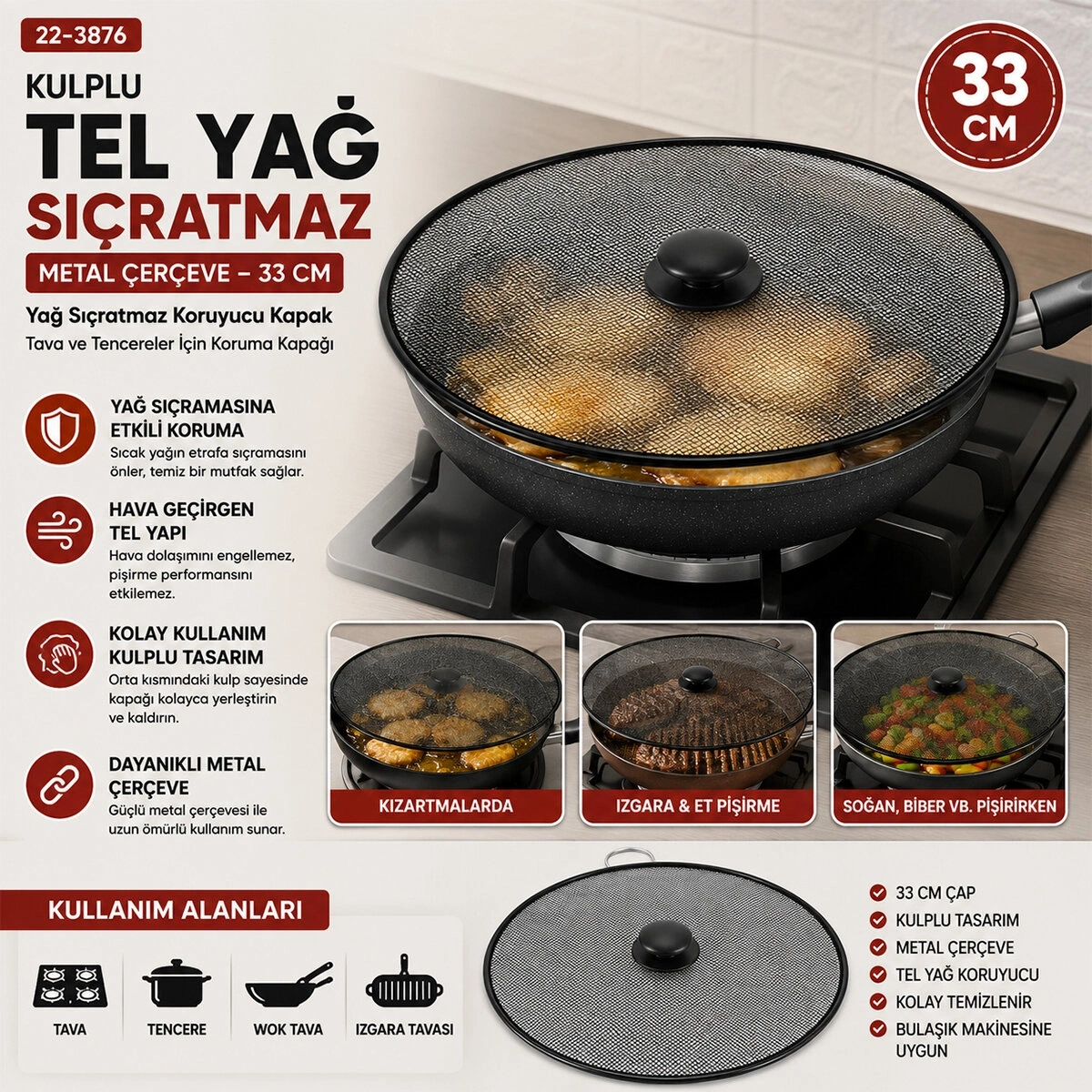 İBİCO İ22-420 ( KULPLU ) ( 33CM ) TEL YAĞ SIÇRATMAZ ( METAL ÇERÇEVE )*12X12
