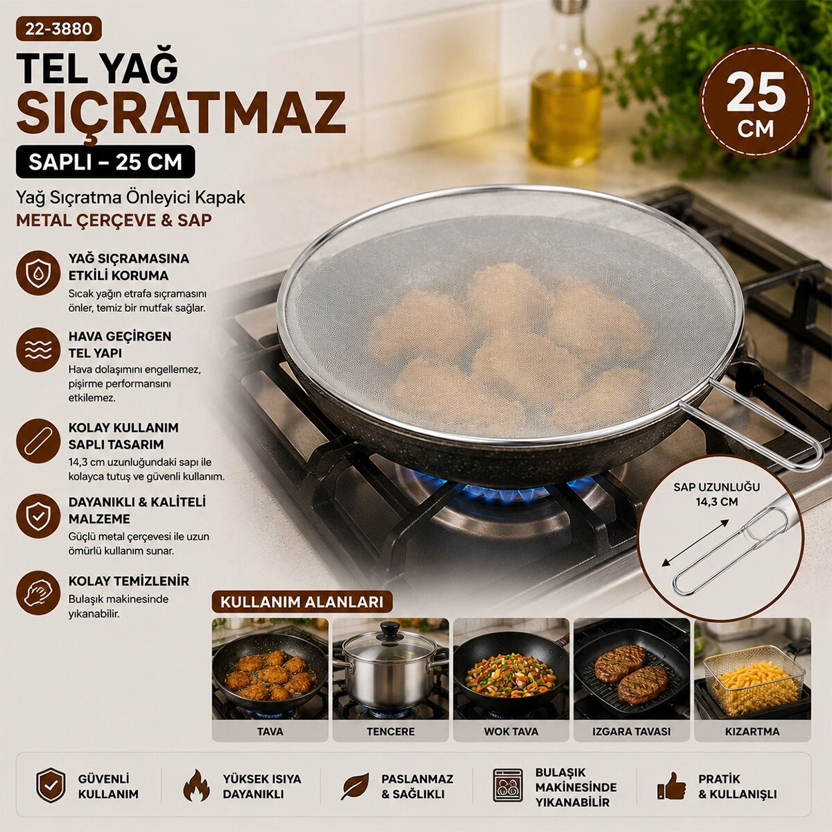 İBİCO İ22-424 ( LUX & KROM ) ( SAPLI ) ( 25CM ) TEL YAĞ SIÇRATMAZ ( METAL ÇERÇEVE & SAP ) ( SAP=17CM )*12X12