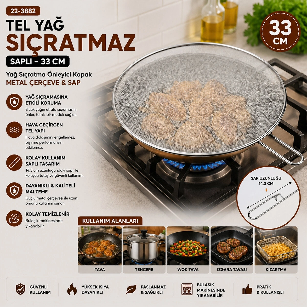 İBİCO İ22-426 ( LUX & KROM ) ( SAPLI ) ( 33CM ) TEL YAĞ SIÇRATMAZ ( METAL ÇERÇEVE & SAP ) ( SAP=17CM )*12X12