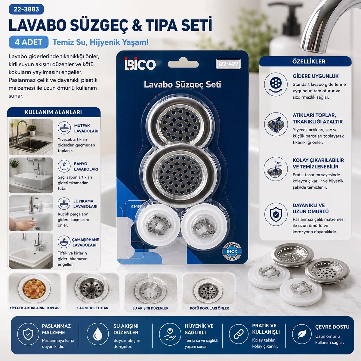 İBİCO İ22-427 ( 4PCS ) LAVABO SÜZGEÇ & TIPA SETİ ( 2 BOY SÜZGEÇ & 2 BOY PLASTİK TIPA )*12X25