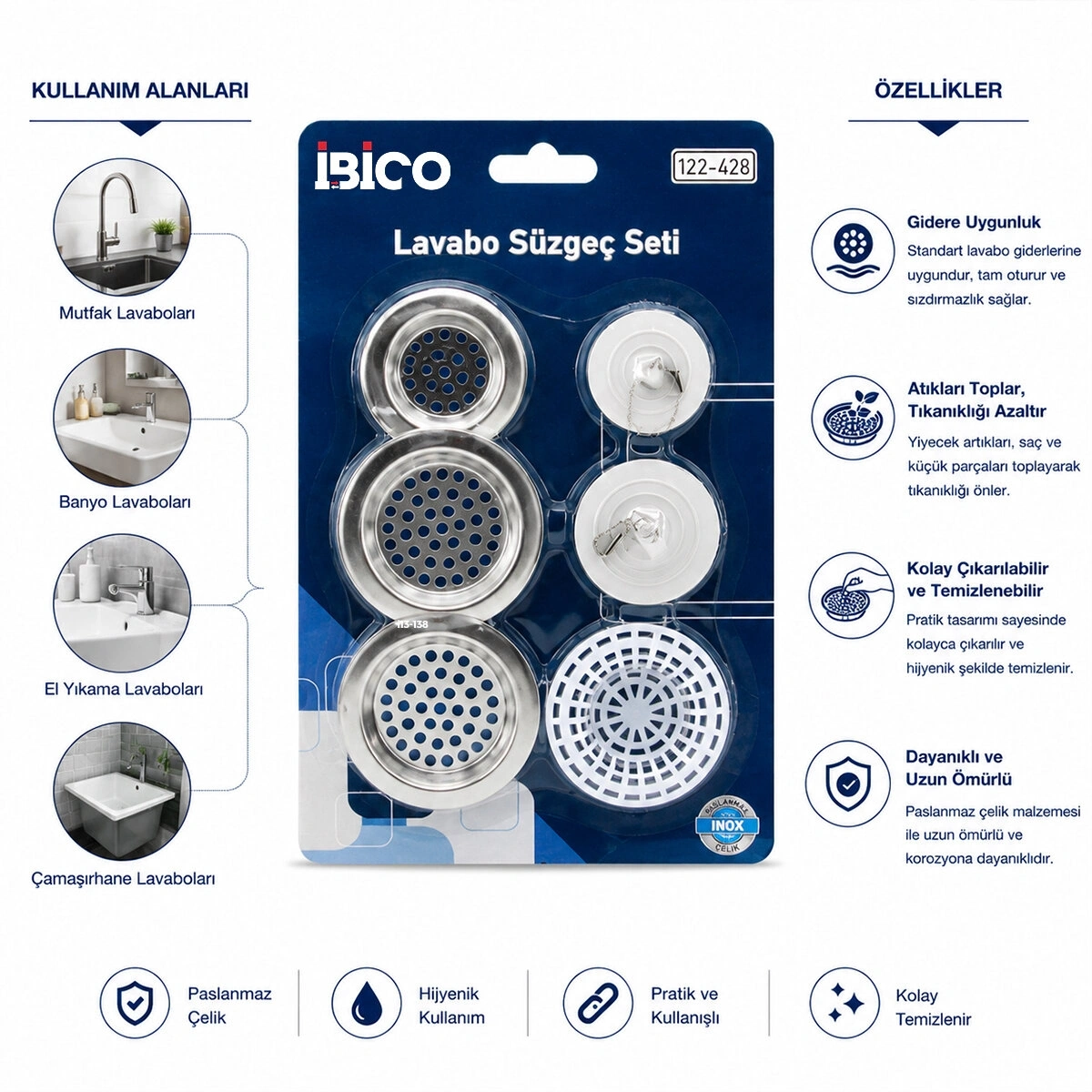 İBİCO İ22-428 ( 6PCS ) LAVABO SÜZGEÇ & TIPA SETİ ( 3AD-METAL + 1AD-PLASTİK SÜZGEÇ &  2AD-PLASTİK TIPA )*12X20