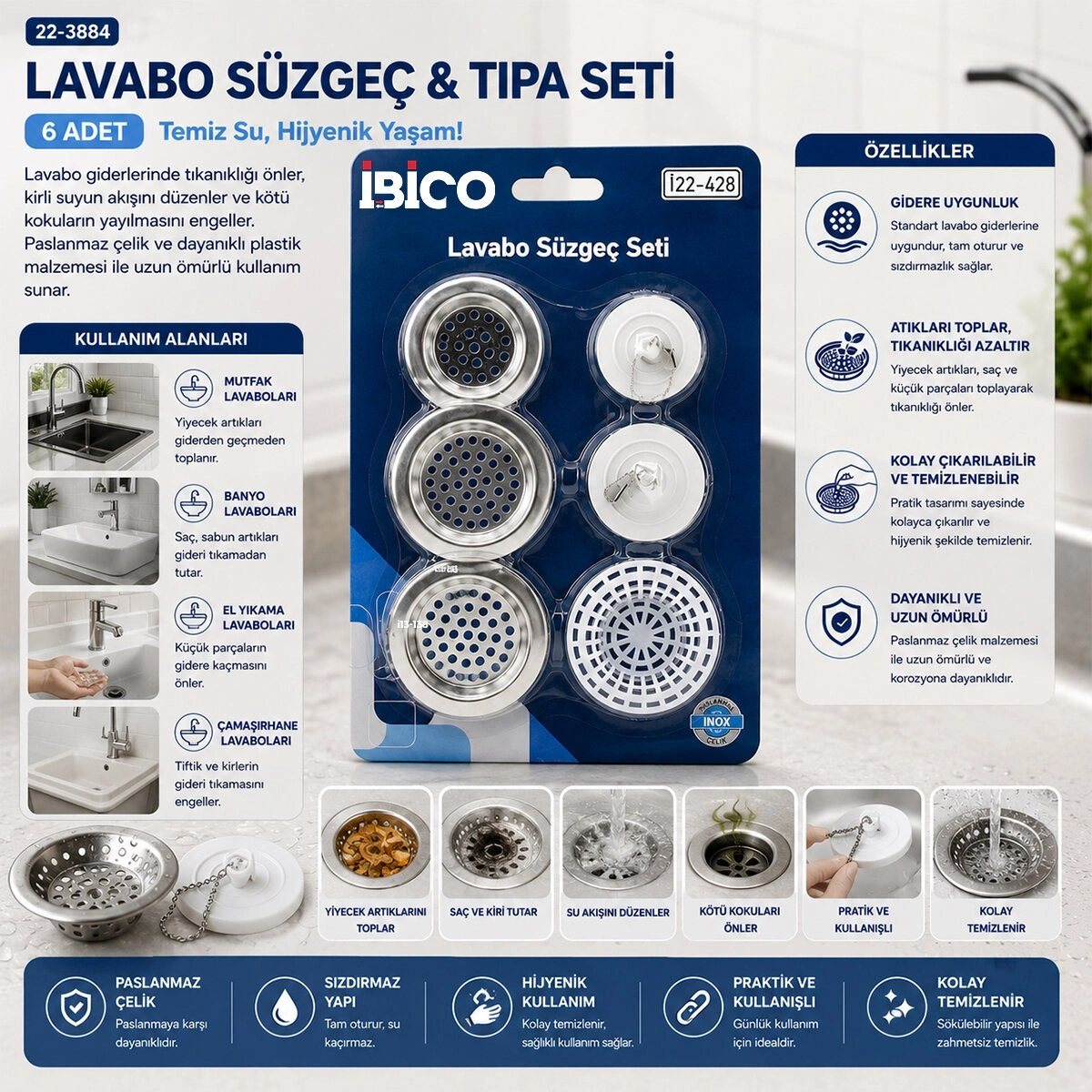 İBİCO İ22-428 ( 6PCS ) LAVABO SÜZGEÇ & TIPA SETİ ( 3AD-METAL + 1AD-PLASTİK SÜZGEÇ &  2AD-PLASTİK TIPA )*12X20