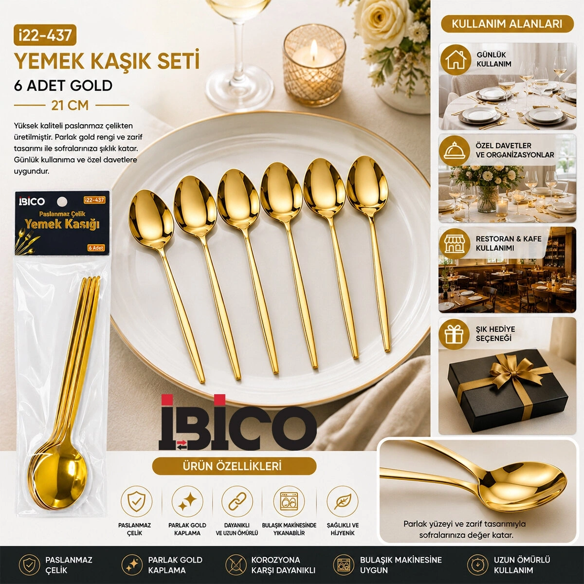 İBİCO İ22-437 ( 6PCS ) ( GOLD ) YEMEK KAŞIK SETİ ( 21CM )*10X10