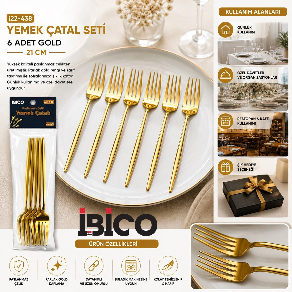 İBİCO İ22-438 ( 6PCS ) ( GOLD ) YEMEK ÇATAL SETİ ( 21CM )*10X10