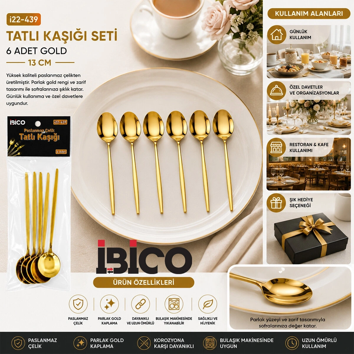 İBİCO İ22-439 ( 6PCS ) ( GOLD ) TATLI KAŞIK SETİ ( 13CM )*10X10