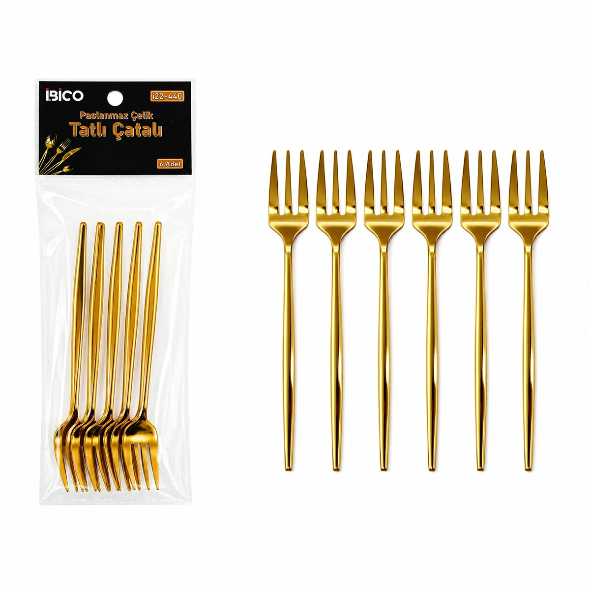 İBİCO İ22-440 ( 6PCS ) ( GOLD ) TATLI ÇATAL SETİ ( 13CM )*10X10