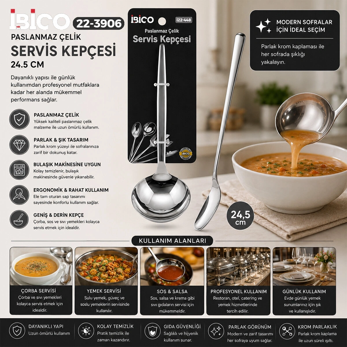 İBİCO İ22-448 ( 24.5CM ) ( KROM ) ( METAL ) ( SERVİS KEPÇE )*12X10