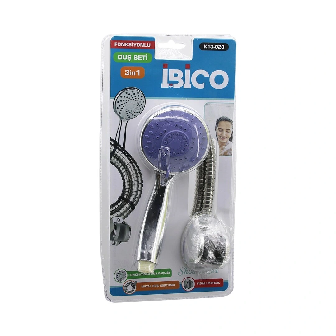 İBİCO K13-020 (VAKUMLU AMBALAJ) (3İN1) DUŞ SETİ ( FONKSİYONLU DUŞ BAŞLIK & METAL DUŞ HORTUM & MAFSAL=ASKI VİDALI )*36