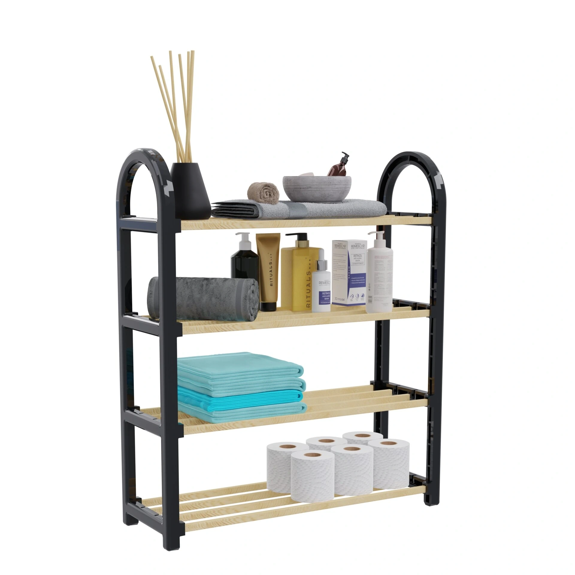 İBİCO K13-600 (4 KATLI) AHŞAP AYAKKABILIK (8 AYAKKABILIK) (64X50X18CM) (ÇOK AMAÇLI RAF) (PORTATİF & VİDASIZ KOLAY MONTAJ)*12