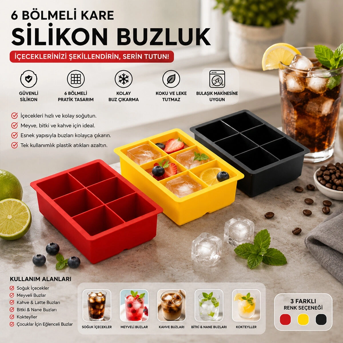 İBİCO K22-015 ( 6 BÖLMELİ ) KARE PLASTİK & RENKLİ BUZLUK RENKLİ*20=K