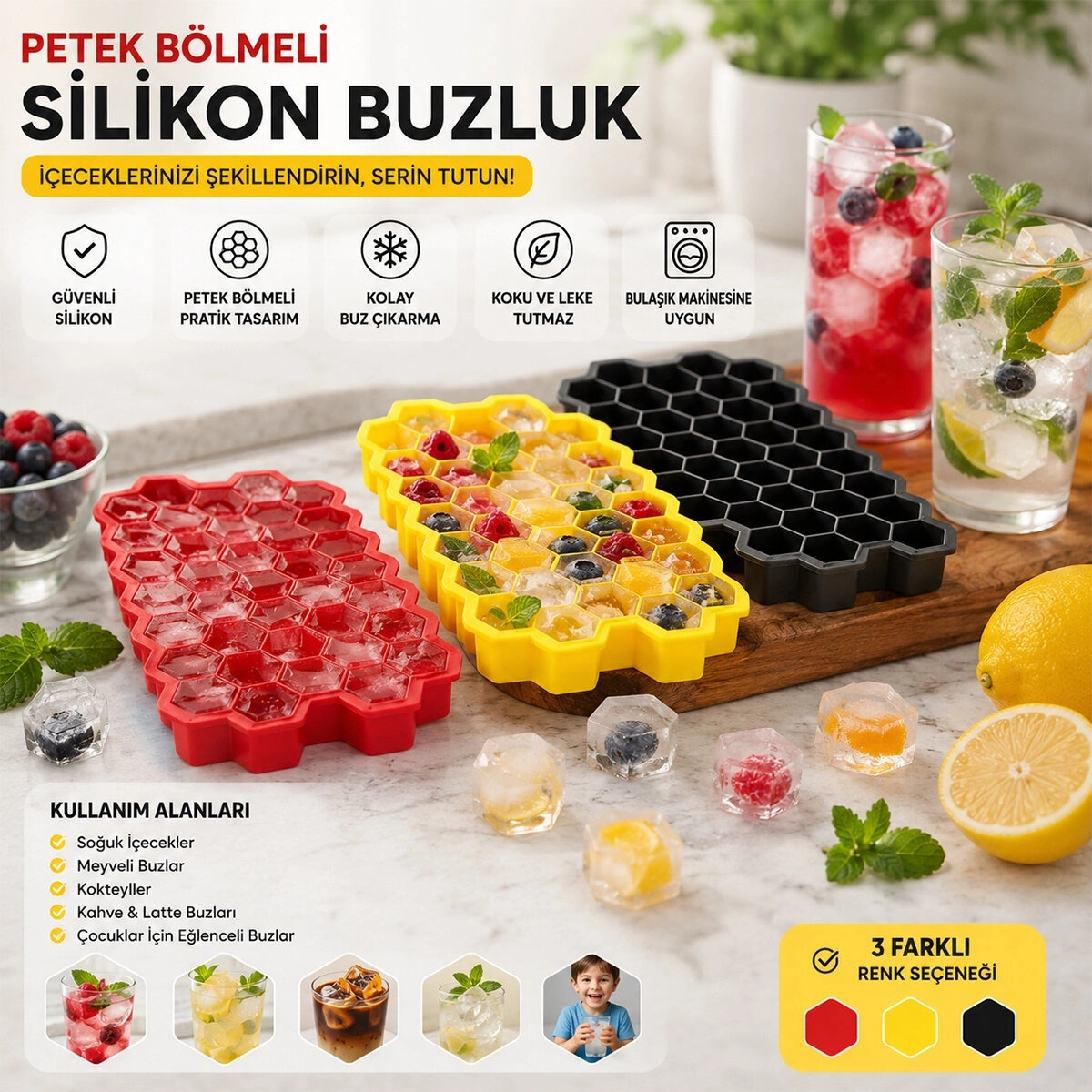 İBİCO K22-016 ( 38 BÖLMELİ ) MİNİ & PETEK PLASTİK & SİLİKON BUZLUK RENKLİ*24=K
