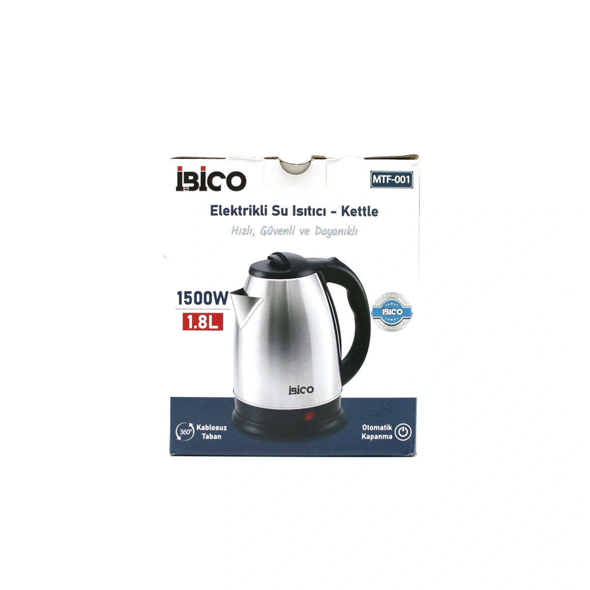 İBİCO MTF-001 ( ÇELİK ) KETTLE ELEKTRİKLİ SU ISITICISI ( PASLANMAZ ÇELİK GİZLİ REZİSTANS ) ( 360° ) ( 1.8LT ) ( 1500W )*6