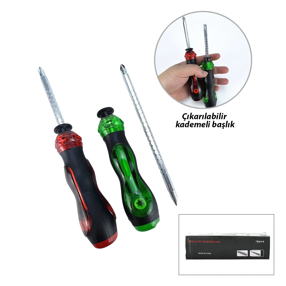 INSULATED SCREWORD LRD-155 ( RENKLİ & SİLİKON SAPLI )( 2İN1=ÇİFT TARAFLI UÇ ) KADEMELİ TORNAVİDA ( MIKNATIS UÇ & YILDIZ - DÜZ )*12X20