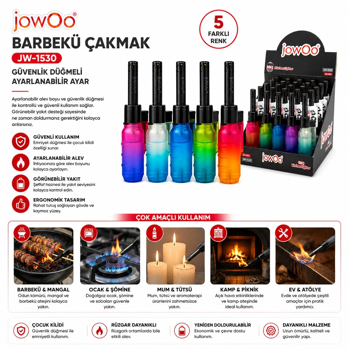 JOWOO JW-1530 ( IZGARALI & RÜZGAR ) ( RENKLİ ) OCAK MUTFAK ( BARBEKÜ ) ÇAKMAK*20X30