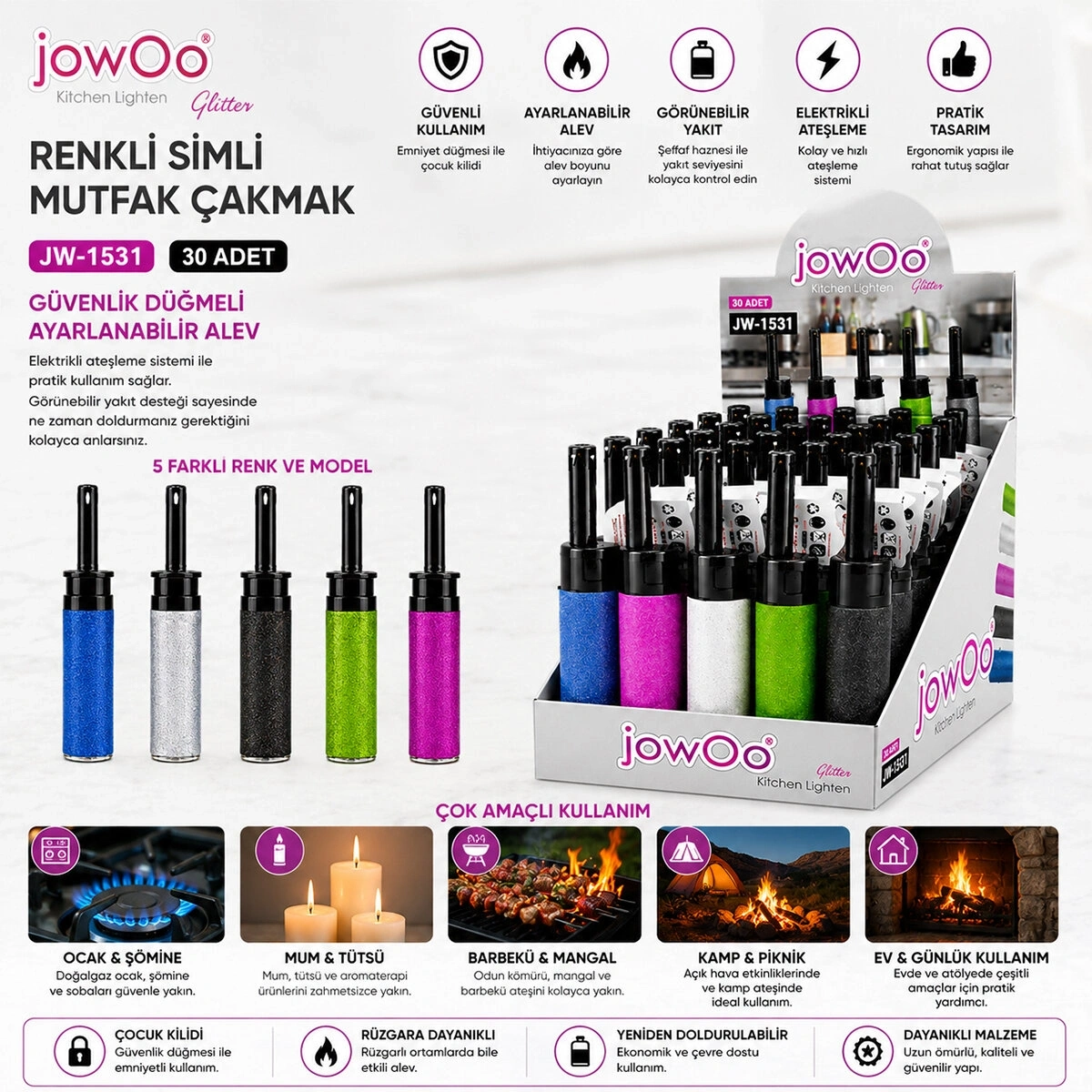 JOWOO JW-1531 ( RENKLİ & SİMLİ ) OCAK MUTFAK ÇAKMAK*30X20