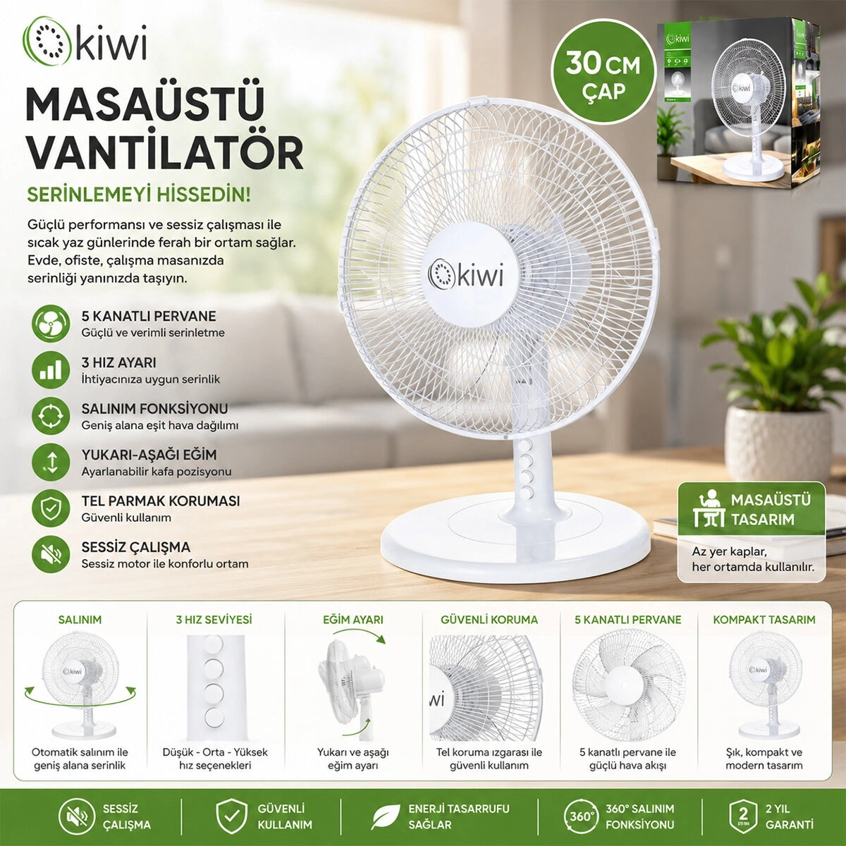 KİWİ 7625 ( 12 İNÇ ) MASA ÜSTÜ VANTİLATÖR ( 35W ) ( 5 KANAT & 3 KADEME HIZ & ÇAP: 30CM ) FAN*3=K