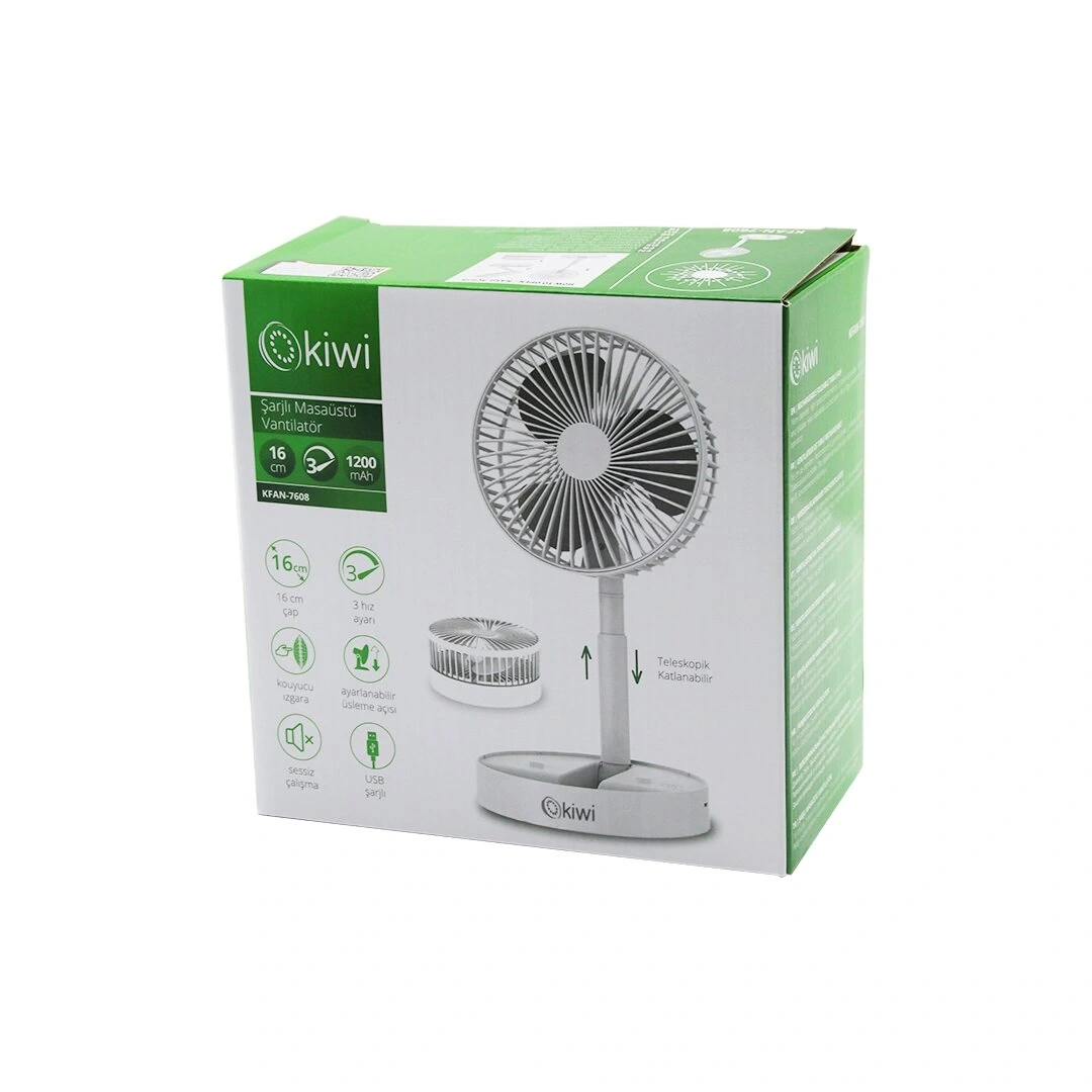 KİWİ KFAN-7608 MASA ÜSTÜ VANTİLATÖR (USB ŞARJLI)(16CM & 4.5W) (UZA-KISA& AÇILI AKROBAT KOLLU) (TELEFONLUKLU)(3 KADEME HIZ)*12