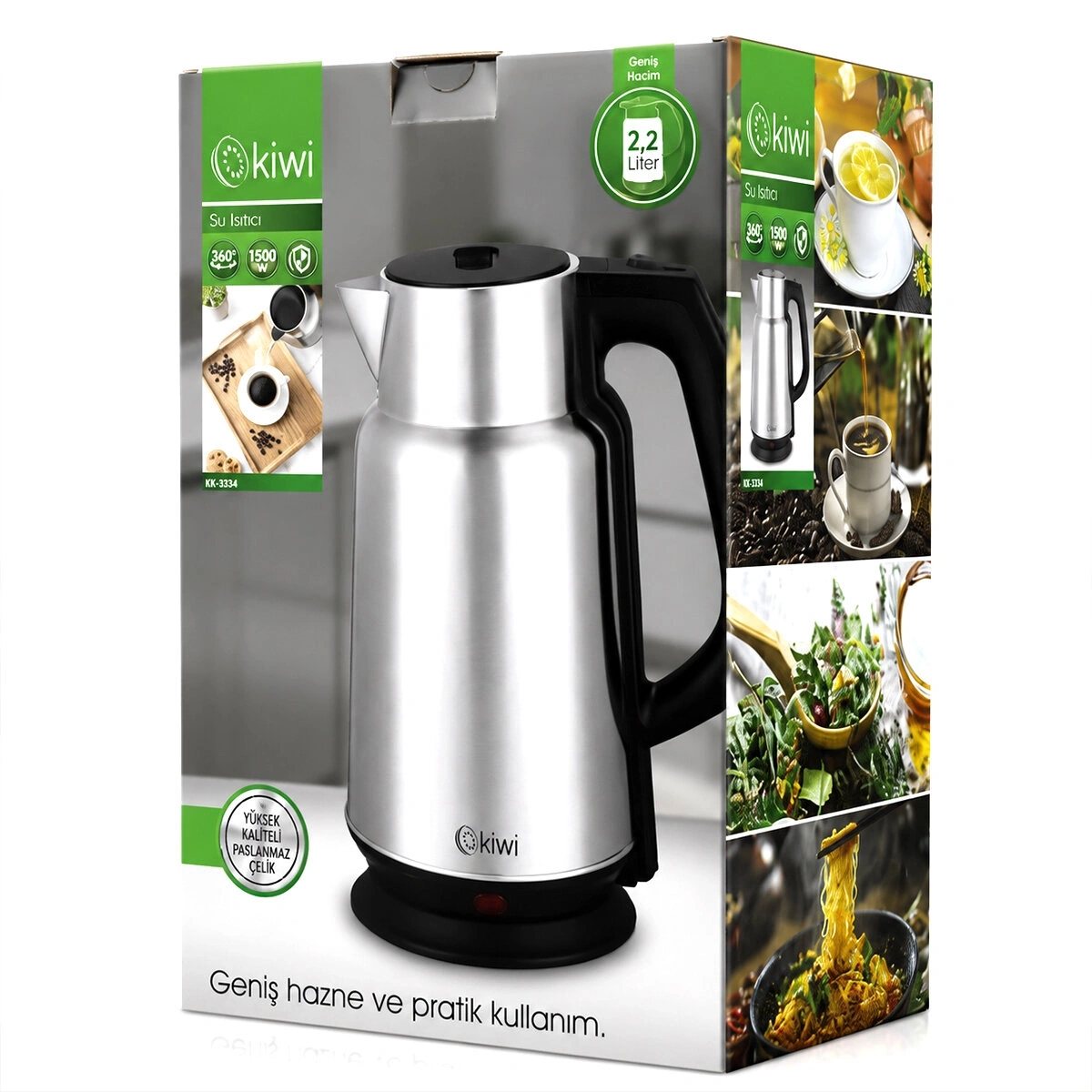 KİWİ KK-3334 ( ÇELİK & SÜRAHİ MODEL ) KETTLE ELEKTRİKLİ SU ISITICISI ( PASLANMAZ ÇELİK GİZLİ REZİSTANS ) ( 360° ) ( 2.2LT ) ( 1500W )*12