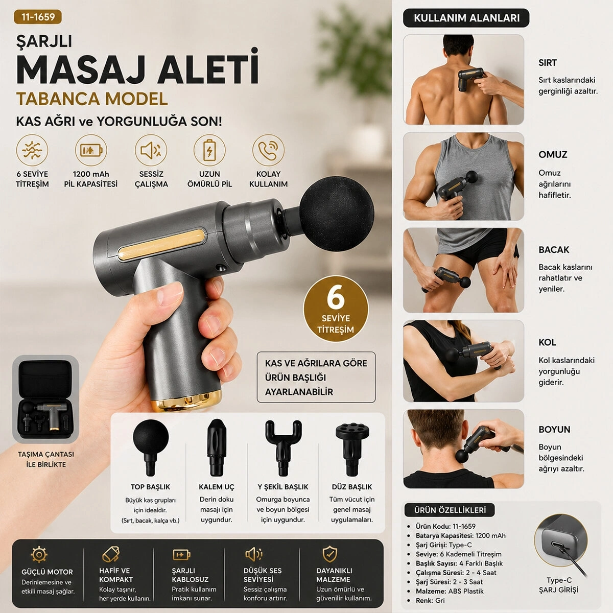 KML KL-118  (ŞARJLI) MASAJ ALETİ (TABANCA MODEL) (TOP & Y ŞEKİL & KALEM UÇ) (6 SEVİYE TİTREŞİM) (KAS MASAJI)*30