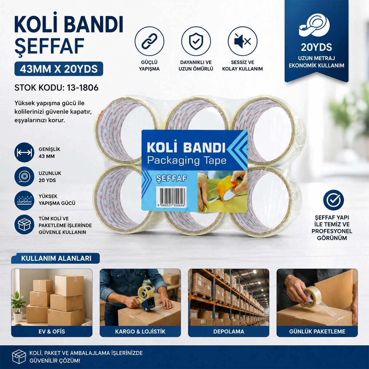 HASBROS PACKAGİNG TAPE ( 43MM X 20YDS ) ( ŞEFFAF ) KOLİ BANTI ( BRKT-555526 )*12X12