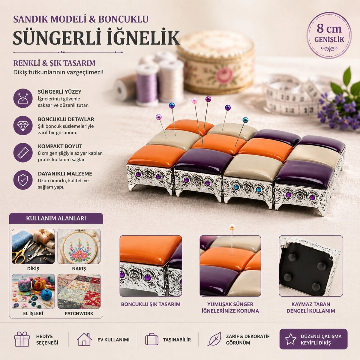KRT-1048 ( SANDIK MODELİ & BONCUKLU ) RENKLİ SÜNGERLİ İĞNELİK*12X1