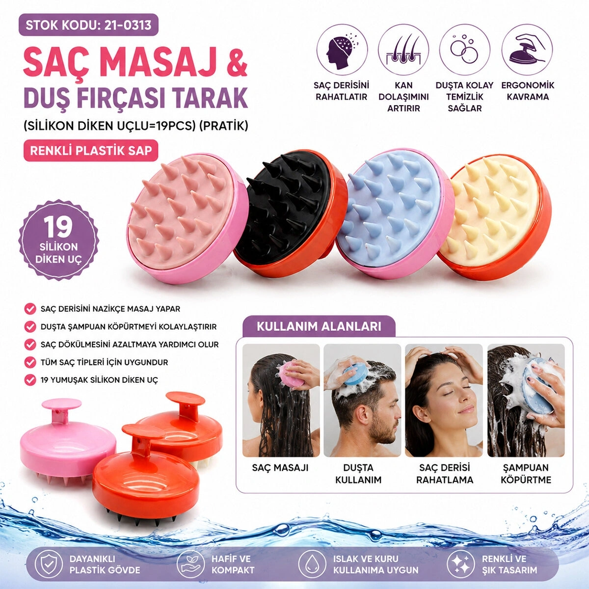 SOLİNGEN İK-585 ( SİLİKON DİKEN UÇLU=19PCS ) ( PRATİK ) SAÇ MASAJ & DUŞ FIRÇASI TARAK ( RENKLİ PLASTİK SAP )*12X12