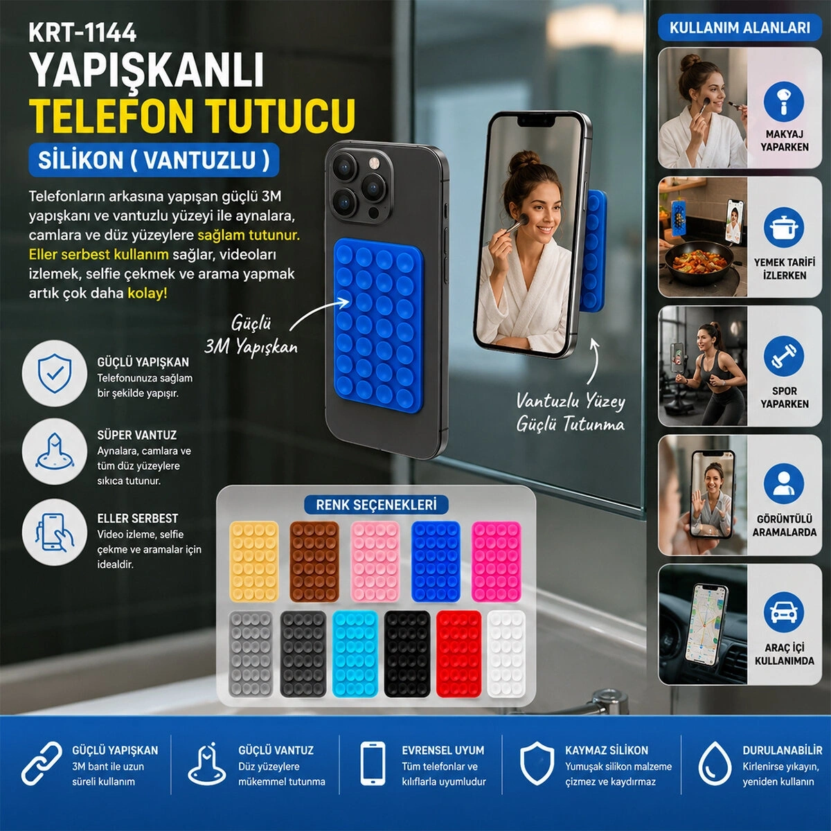 KRT-1144 YAPIŞKANLI TELEFON TUTUCU RENKLİ SİLİKON ( VANTUZLU )*50X40