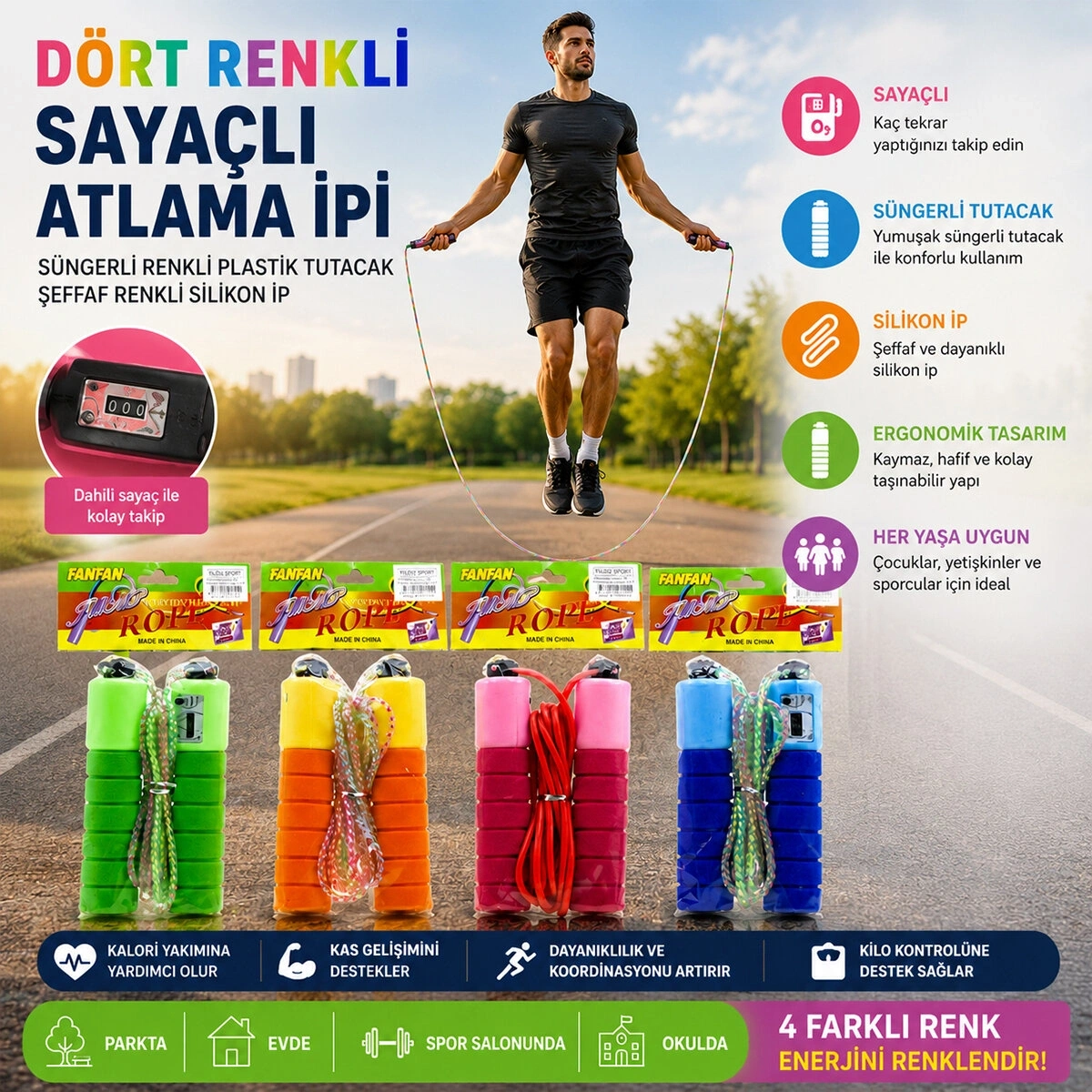 KSMART K-1567 ( SAYAÇLI ) ATLAMA İPİ ( SÜNGERLİ RENKLİ PLASTİK TUTACAK ) ( ŞEFFAF RENKLİ SİLİKON İP )*200