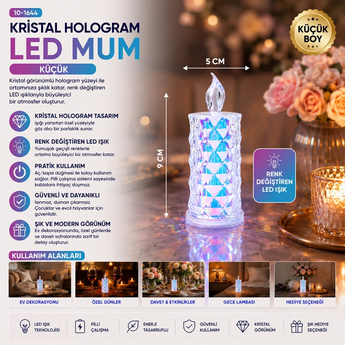 LED CANDLE KAMP YAKUT-13635 ( KÜÇÜK BOY= ÇAP:5CM & Y: 9CM ) ( PİLLİ ) LED MUM ( MİKA KRİSTAL PLASTİK )*12X40
