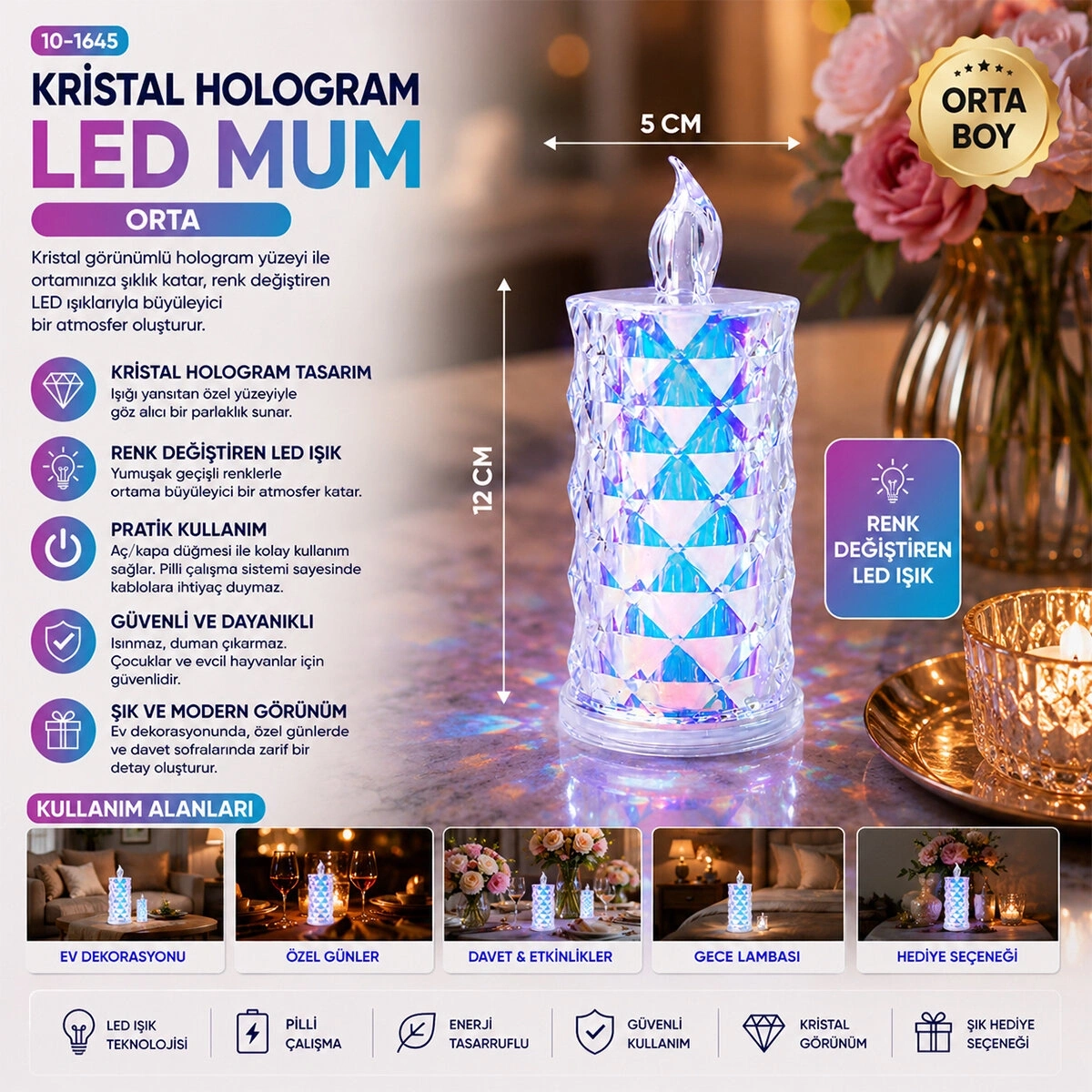 LED CANDLE LAMP YAKUT-13636 ( ORTA BOY= ÇAP:5CM & Y: 12CM ) ( PİLLİ ) LED MUM ( MİKA KRİSTAL PLASTİK )*12X30
