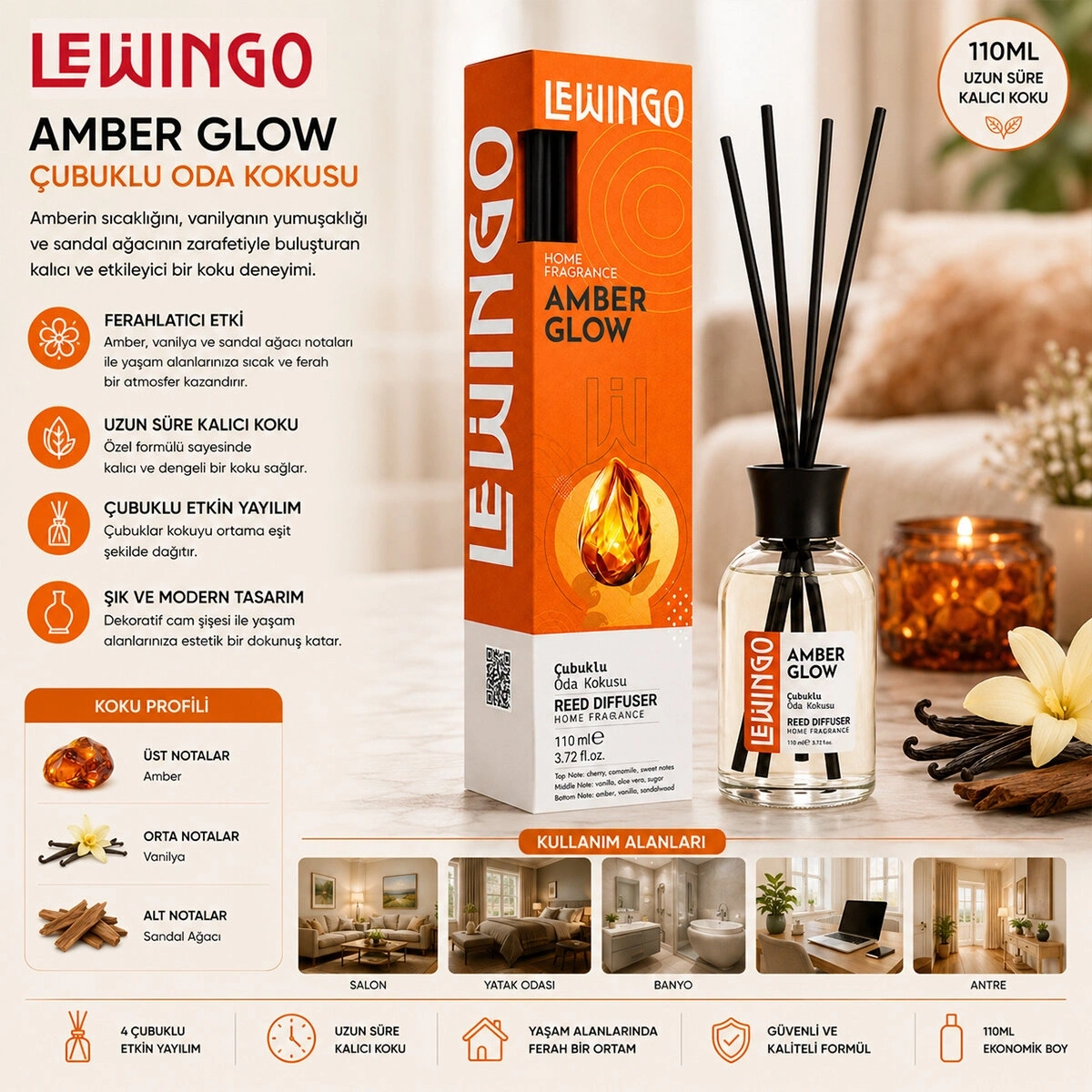 LEWİNGO ( 110ML ) ( AMBER GLOW ) BAMBU ORTAM KOKUSU ( CAM ŞİŞE )*24=K