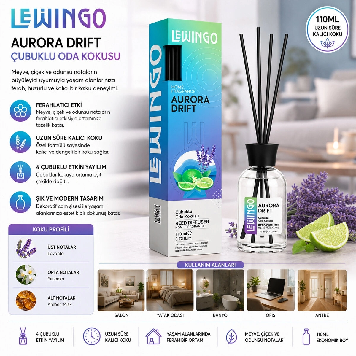 LEWİNGO ( 110ML ) ( AURORA DRIFT ) BAMBU ORTAM KOKUSU ( CAM ŞİŞE )*24=K