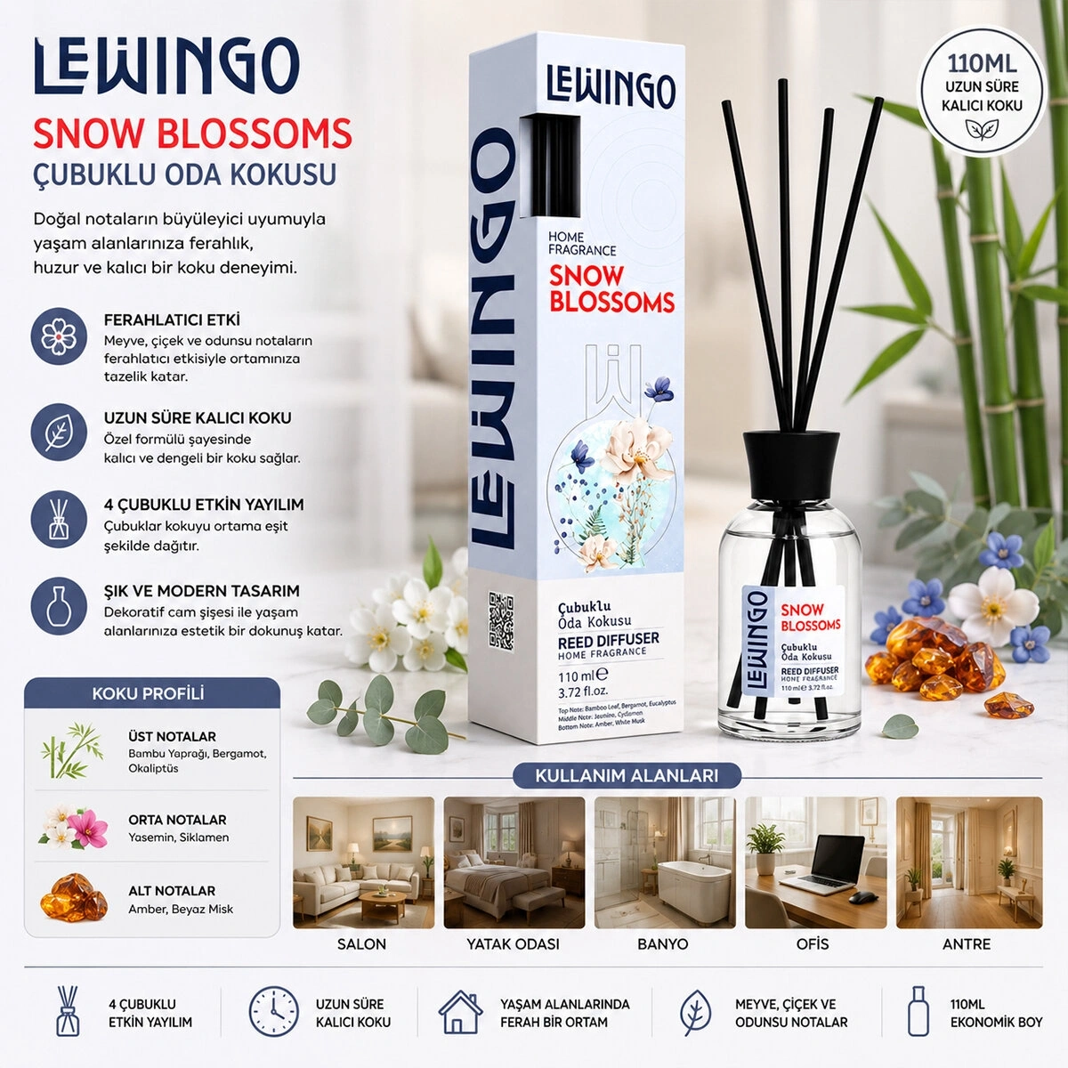 LEWİNGO ( 110ML ) ( SNOW BLOSSOMS ) BAMBU ORTAM KOKUSU ( CAM ŞİŞE )*24=K